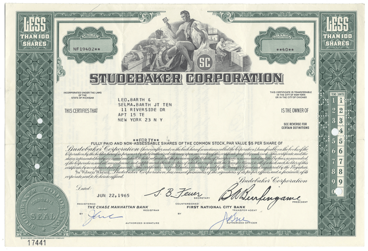 Studebaker Corporation stock certificate from 1965 with decorative elements and signatures.