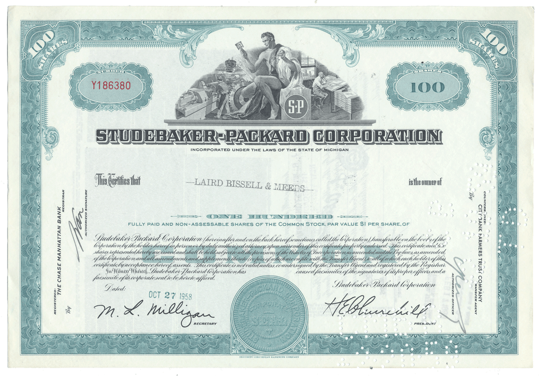 Vintage stock certificate from the Studebaker-Packard Corporation, dated 1958
