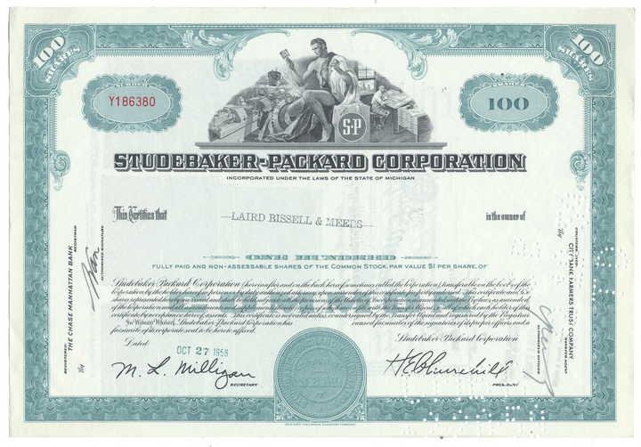 Vintage stock certificate from the Studebaker-Packard Corporation, dated 1958