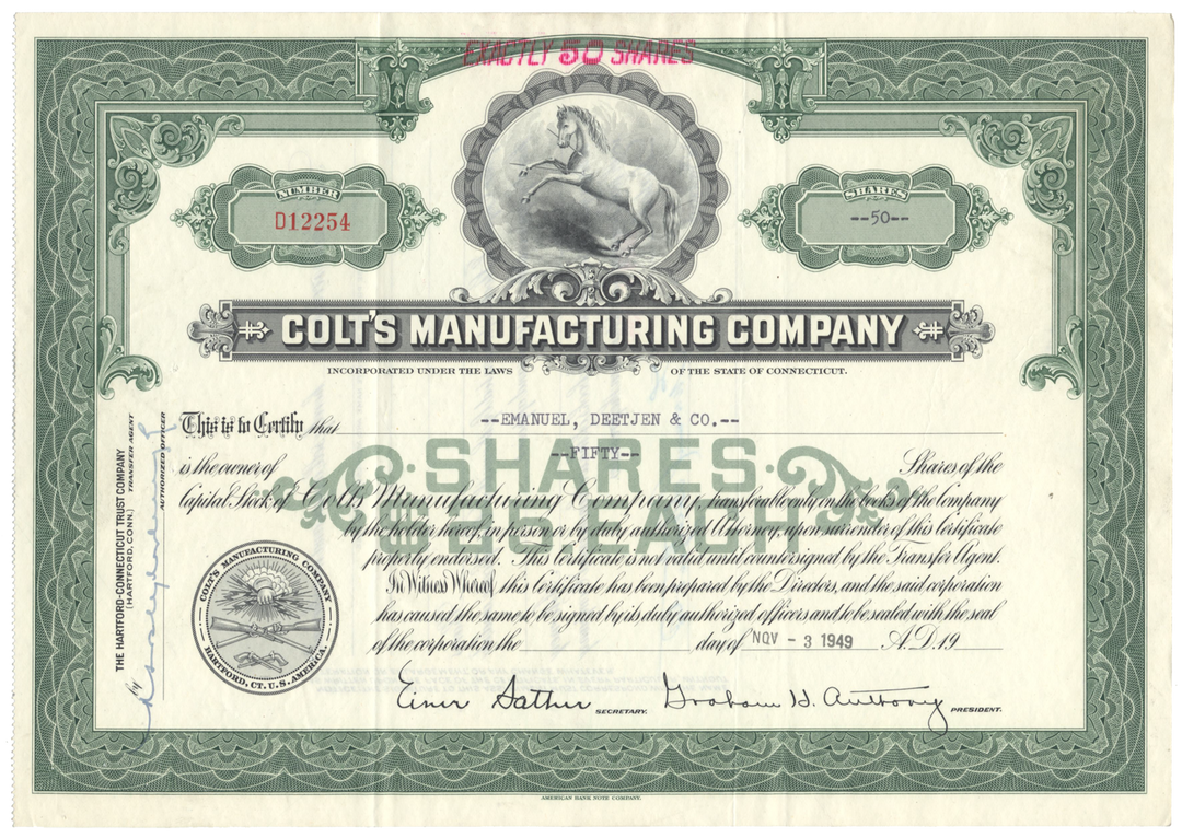 Colt's Manufacturing Company Stock Certificate