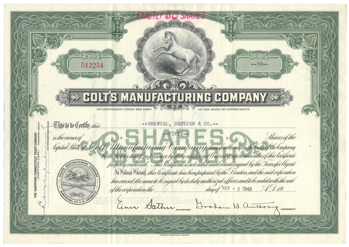 Colt's Manufacturing Company Stock Certificate