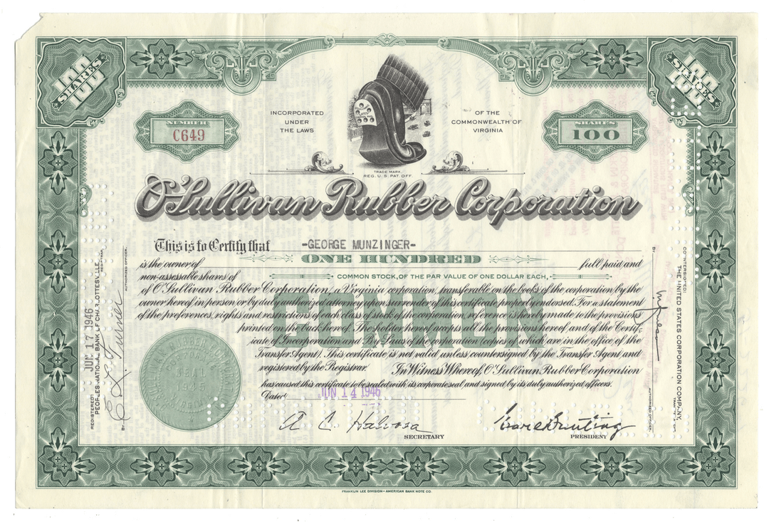 Certificate of the O'Sullivan Rubber Corporation with rubber shoe heal vignette from 1946