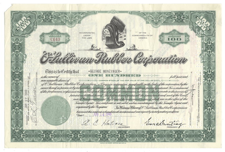 Certificate of the O'Sullivan Rubber Corporation with rubber shoe heal vignette from 1946