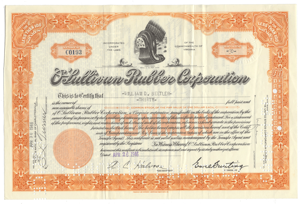 Vintage stock certificate from the O'Sullivan Rubber Corporation with decorative elements.