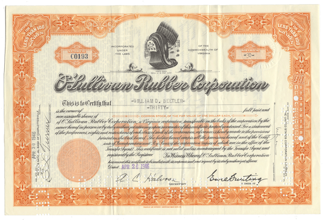 Vintage stock certificate from the O'Sullivan Rubber Corporation with decorative elements.