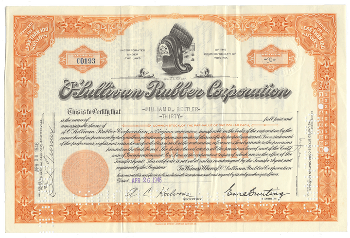 Vintage stock certificate from the O'Sullivan Rubber Corporation with decorative elements.