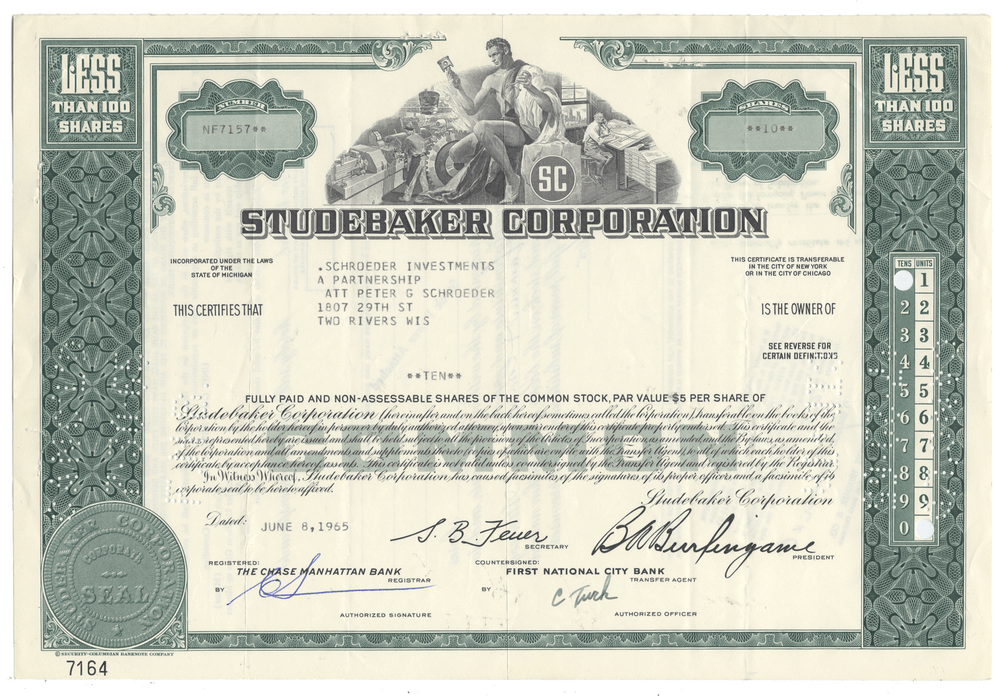 Studebaker Corporation stock certificate from 1965 with green and white design.