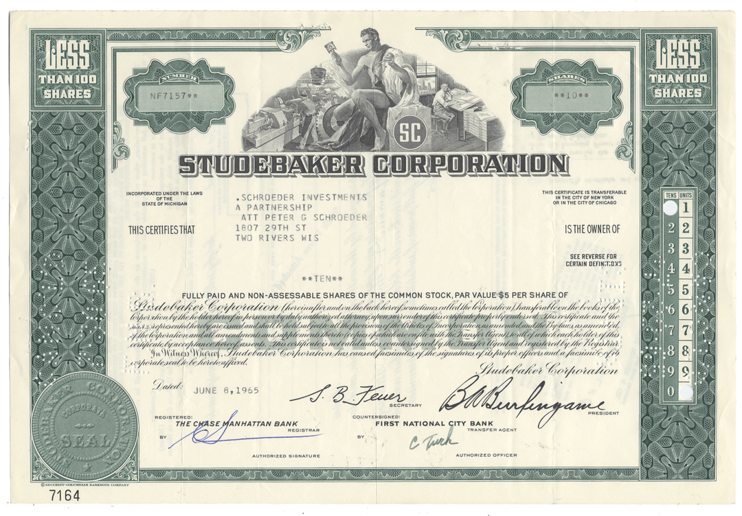 Studebaker Corporation stock certificate from 1965 with green and white design.