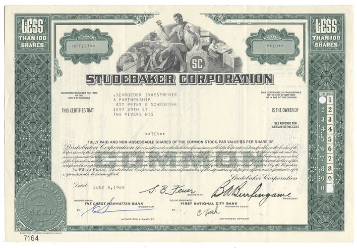 Studebaker Corporation stock certificate from 1965 with green and white design.