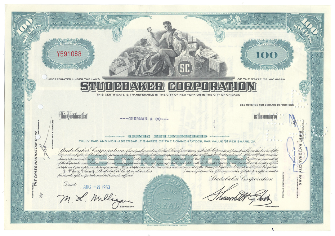 Studebaker Corporation Stock Certificate