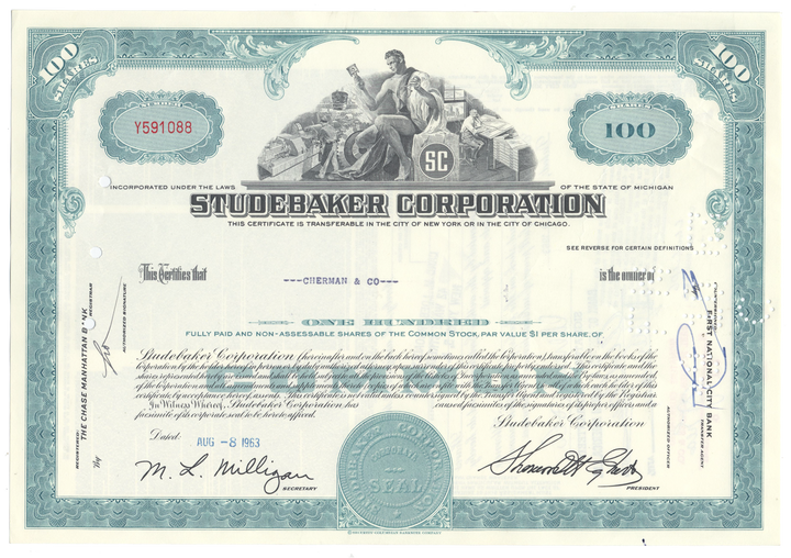 Studebaker Corporation Stock Certificate