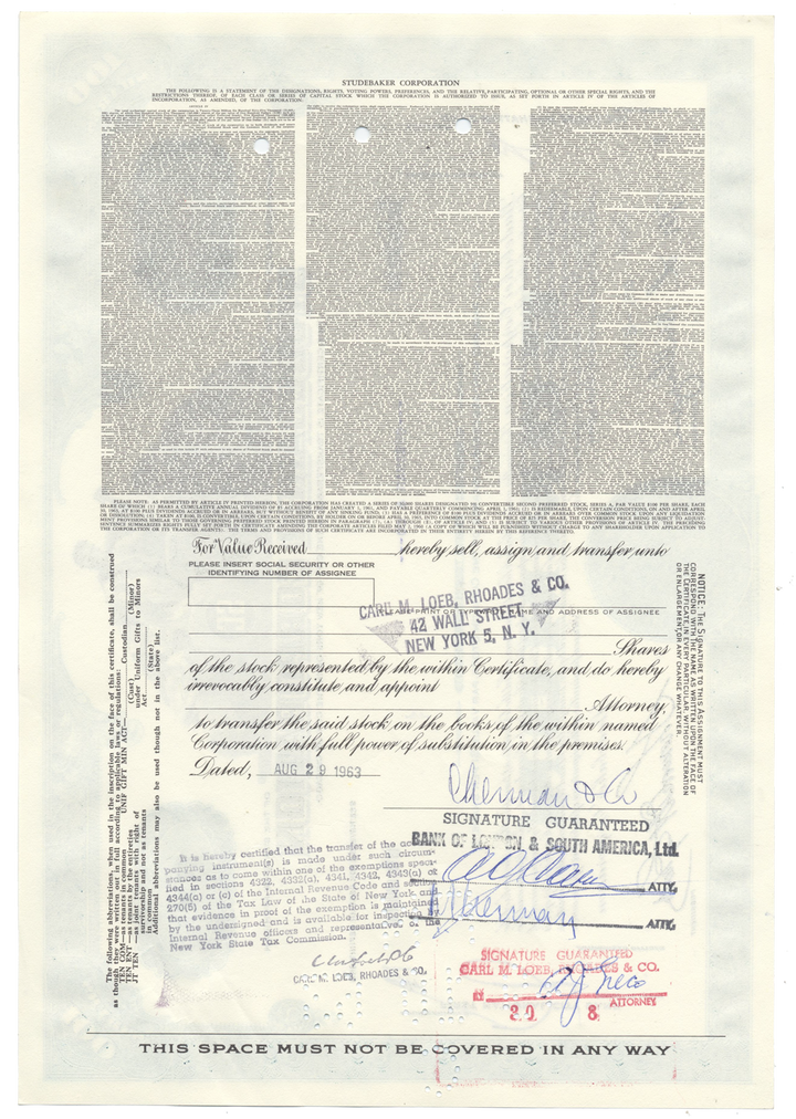 Studebaker Corporation Stock Certificate