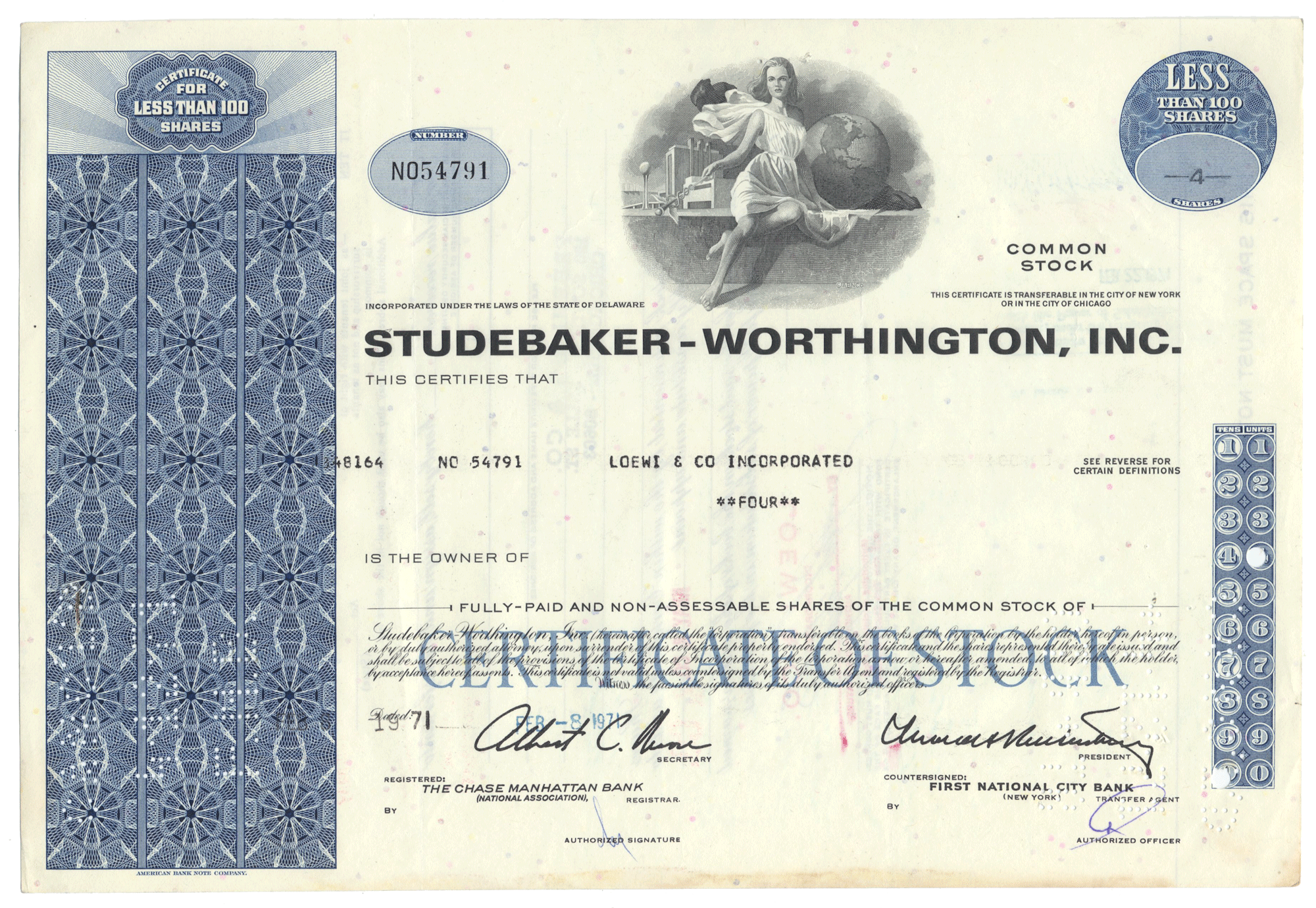 Studebaker-Worthington, Inc. Stock Certificate