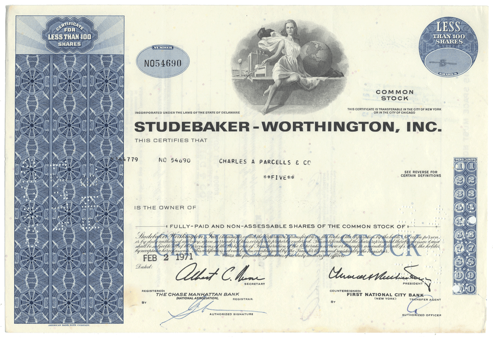 Studebaker-Worthington, Inc. stock certificate with decorative elements