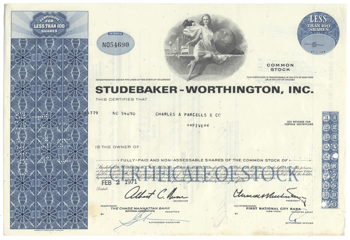 Studebaker-Worthington, Inc. stock certificate with decorative elements