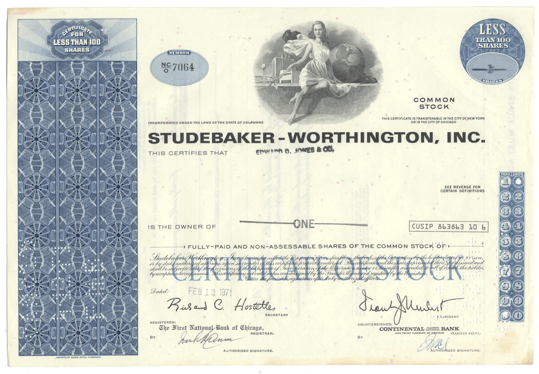 Studebaker-Worthington, Inc. Stock Certificate