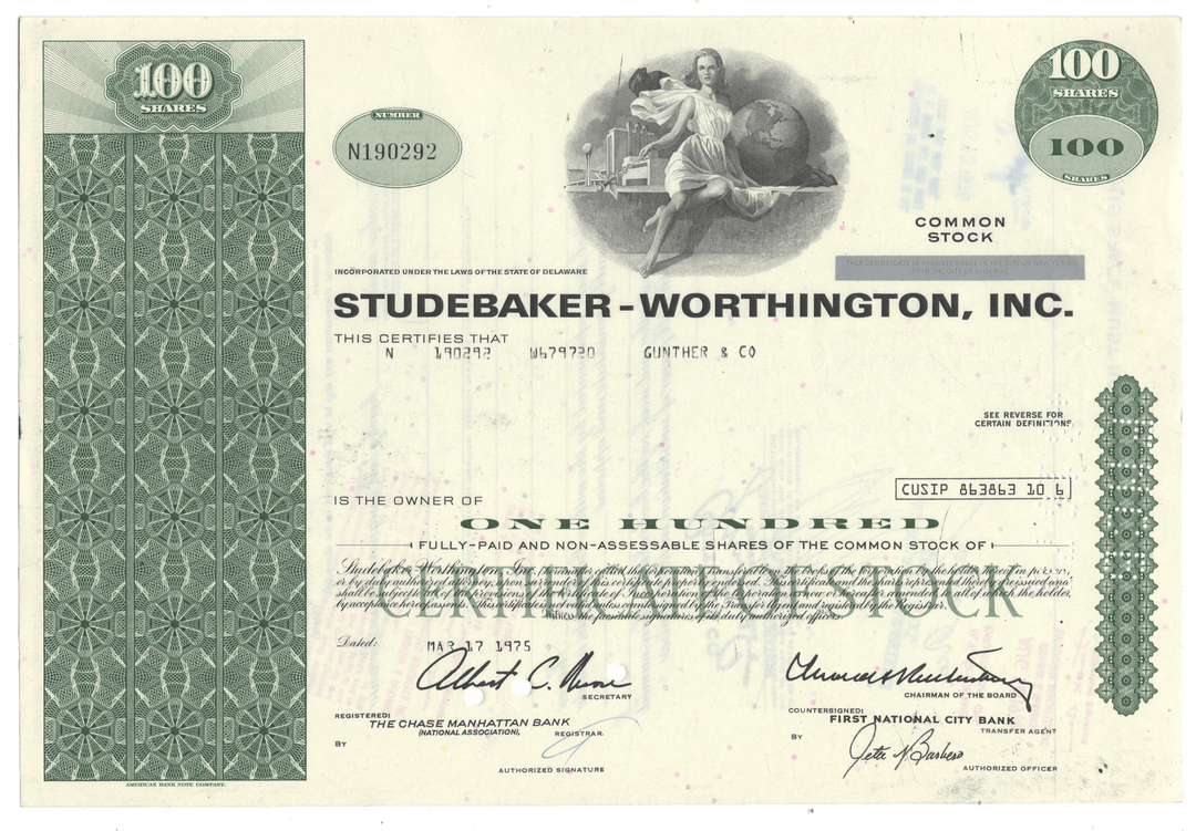 Studebaker-Worthington, Inc. stock certificate from 1975.
