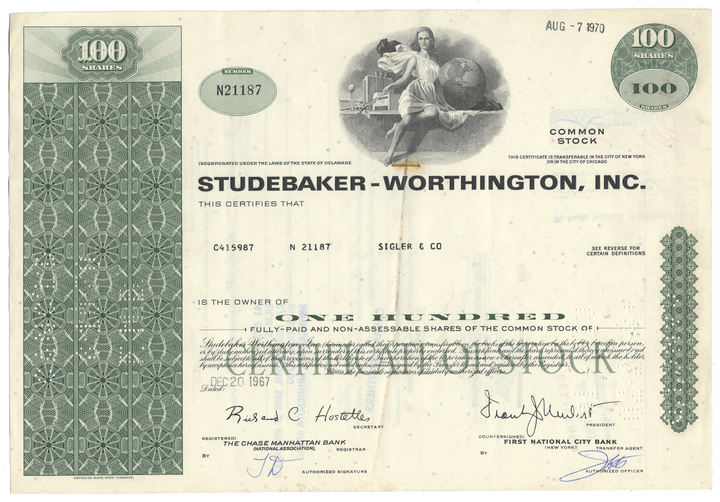 Studebaker-Worthington, Inc. stock certificates  with decorative elements.