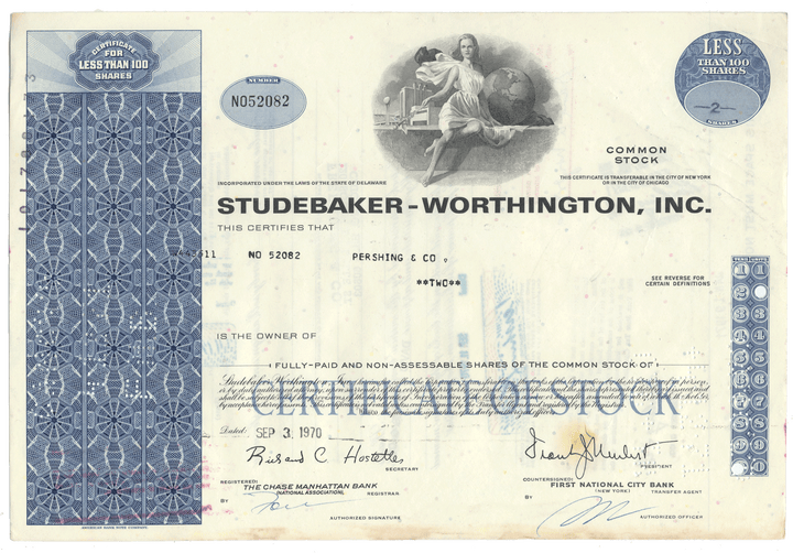 Studebaker-Worthington, Inc. stock certificates with decorative elements.