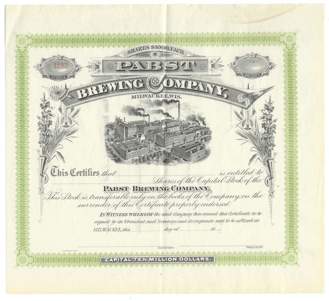 Pabst Brewing Company stock certificate with green border and black text