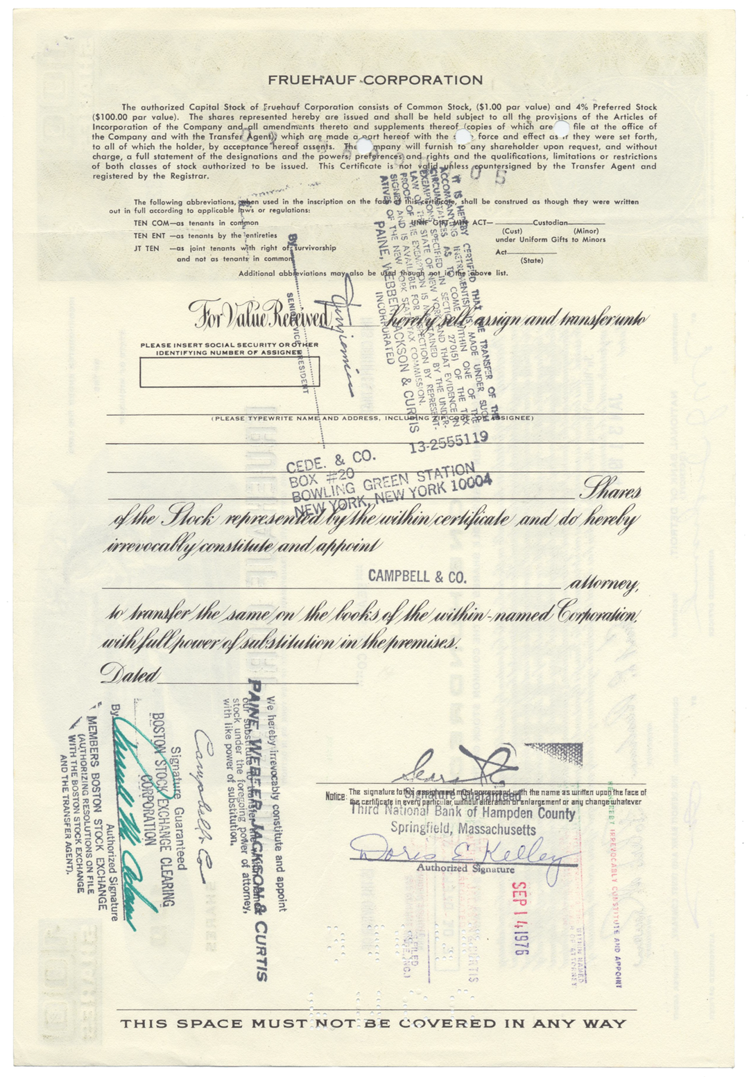 Fruehauf Corporation Stock Certificate