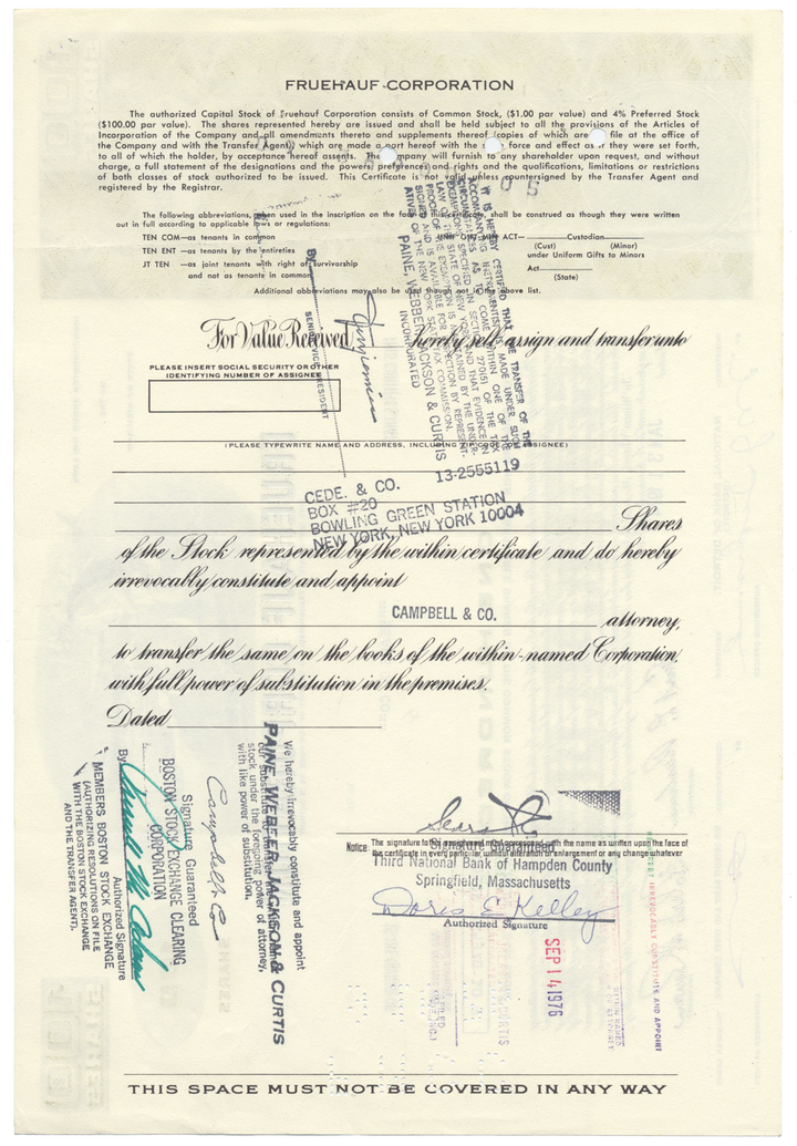 Fruehauf Corporation Stock Certificate