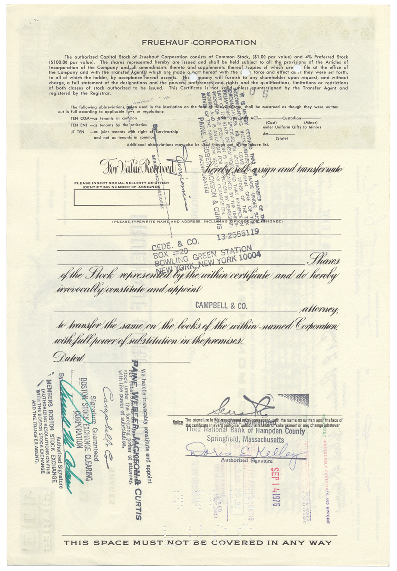 Fruehauf Corporation Stock Certificate