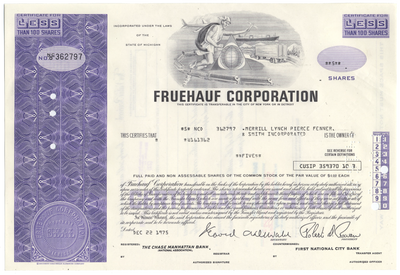 Fruehauf Corporation Stock Certificate
