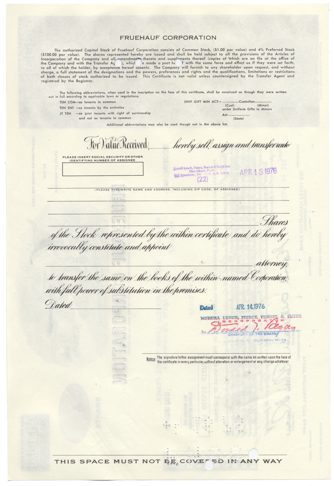 Fruehauf Corporation Stock Certificate