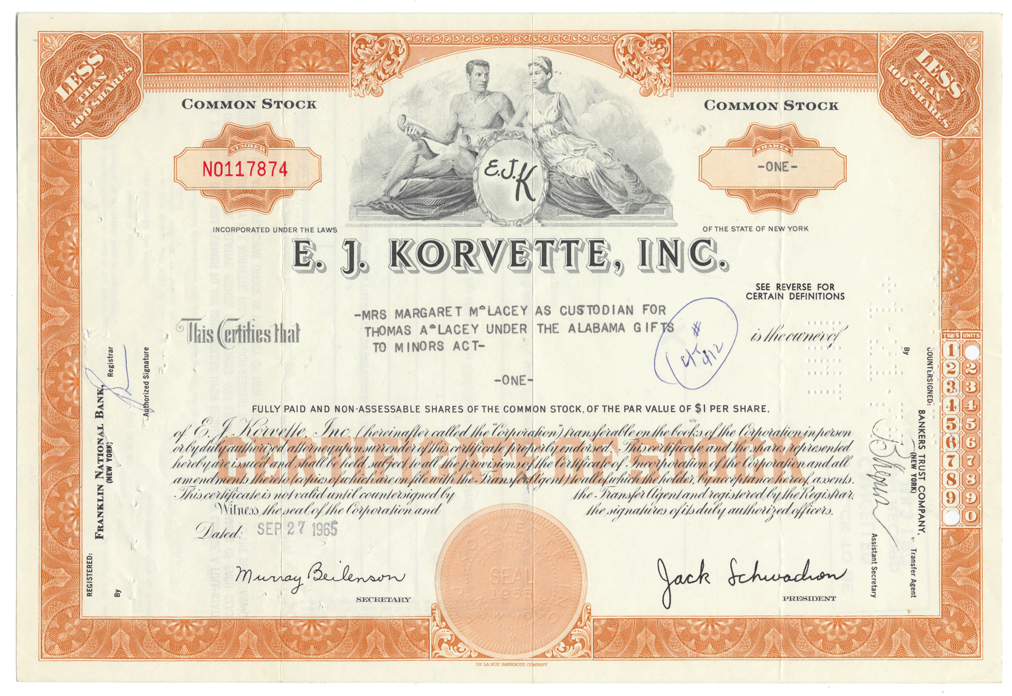 E.J. Korvette, Inc. stock certificate with decorative border and text