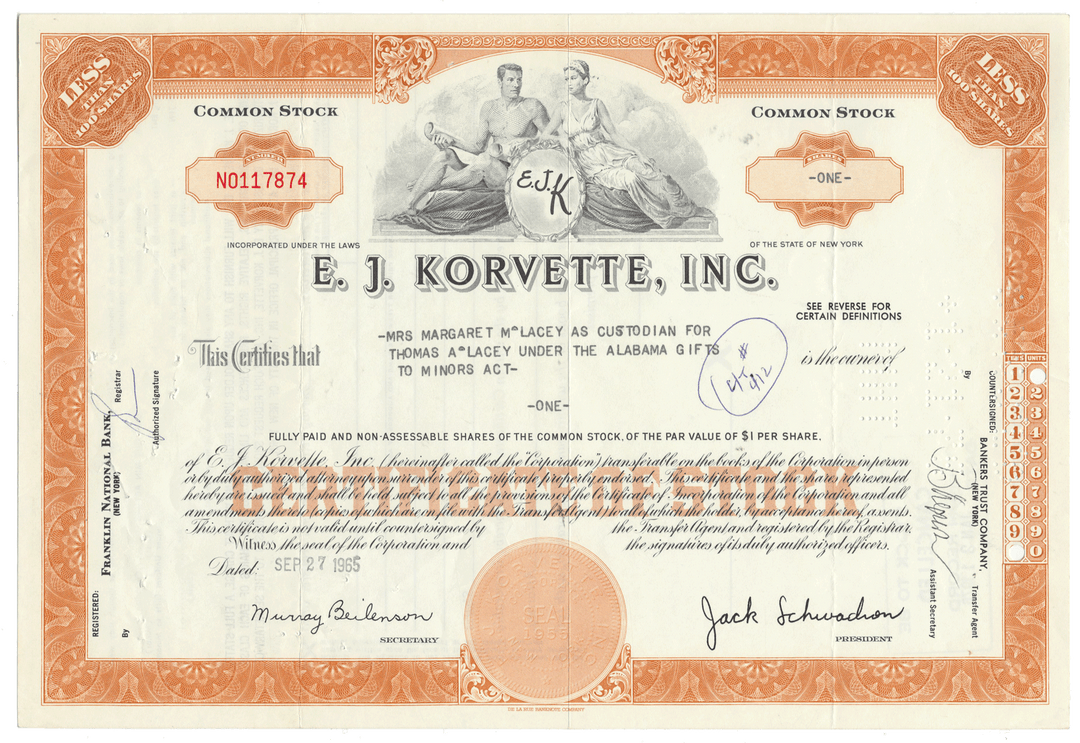 E.J. Korvette, Inc. stock certificate with decorative border and text