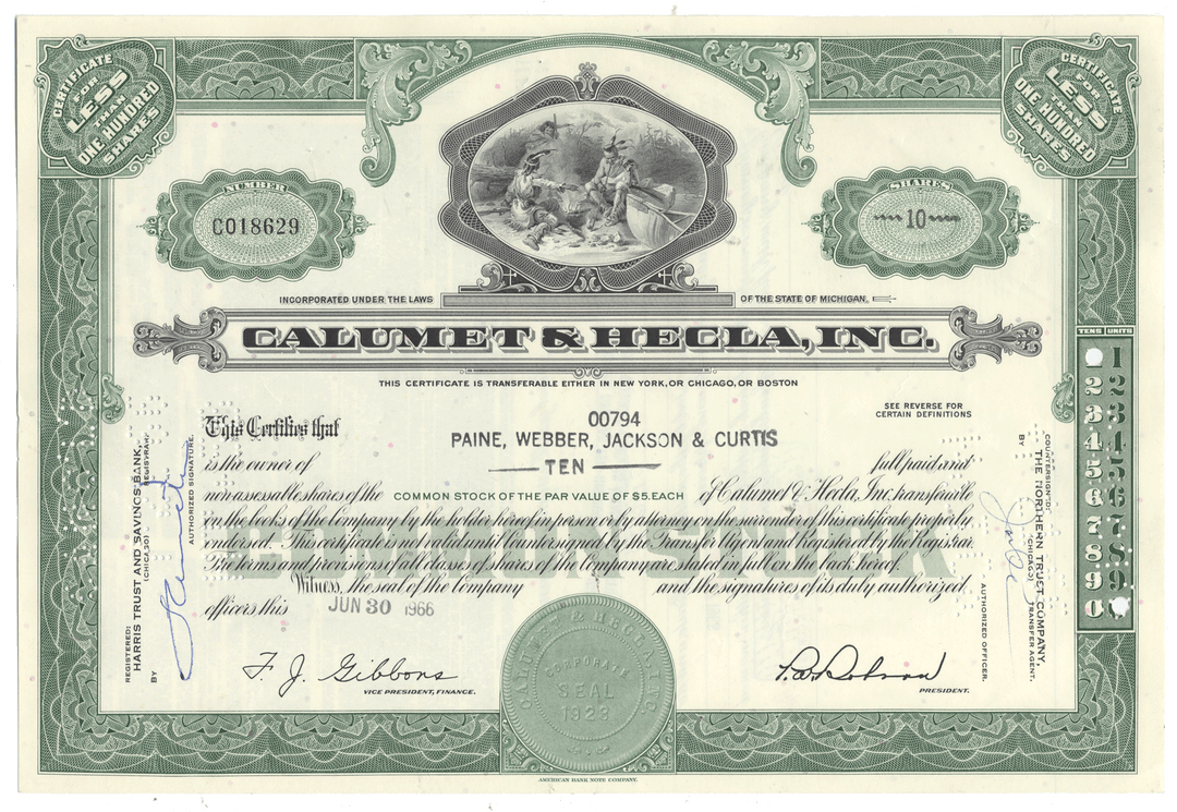 Vintage stock certificate for Calumet & Hecla, Inc. with decorative elements and text.