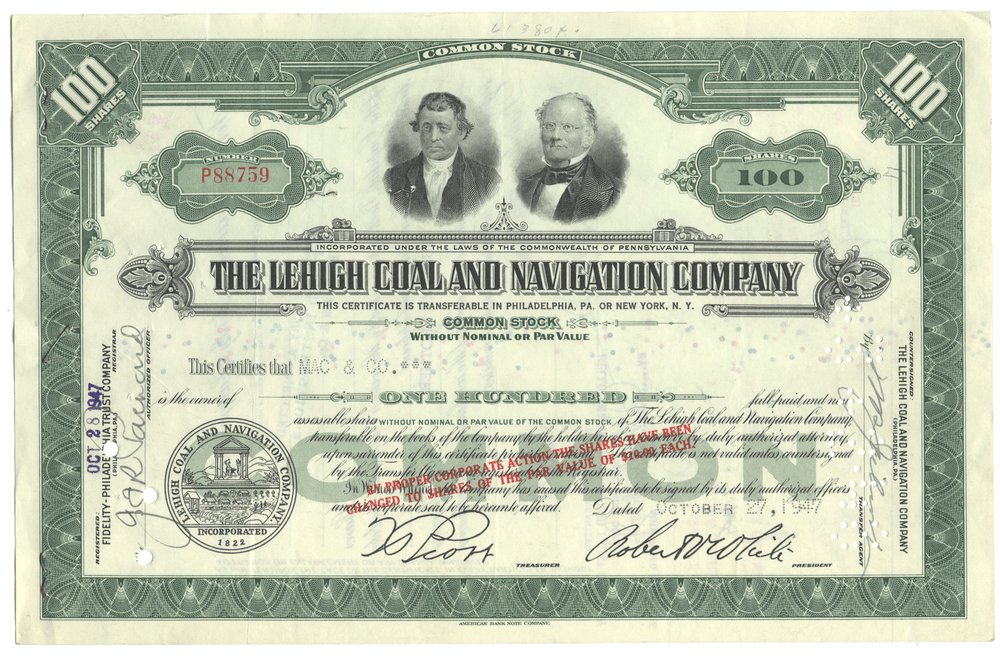 Lehigh Coal and Navigation Company Stock Certificate