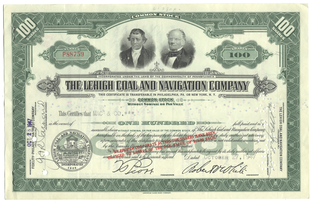 Lehigh Coal and Navigation Company Stock Certificate