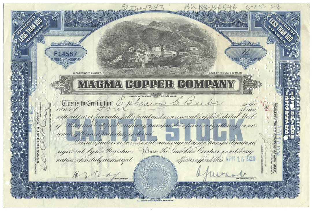 Magma Copper Stock Certificate