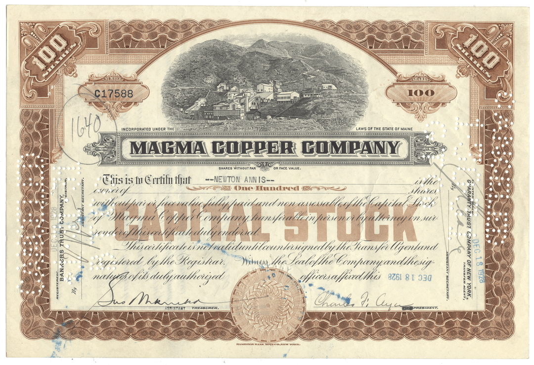 Magma Copper Company stock certificate with decorative border and scenic illustration