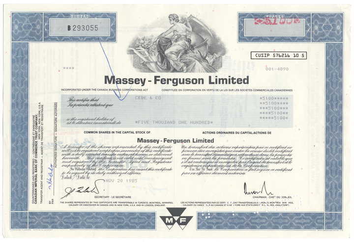 Massey-Ferguson Limited Stock Certificate