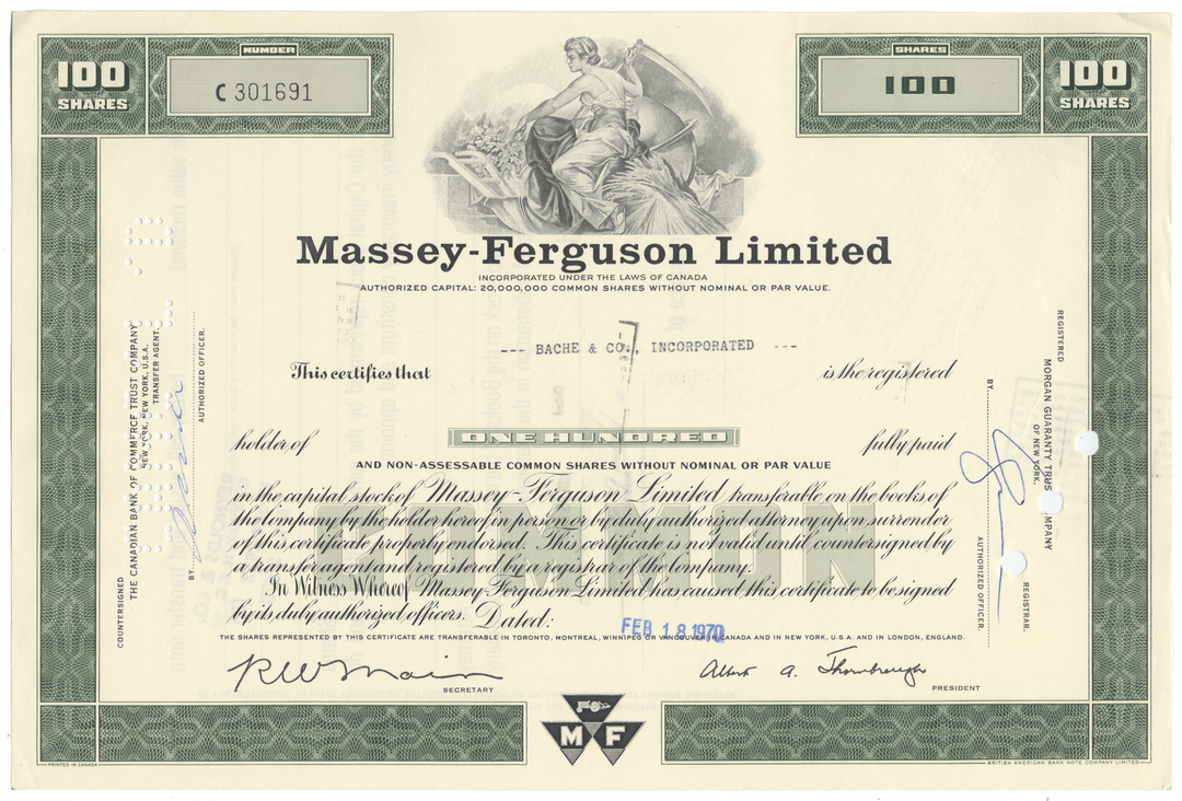 Massey-Ferguson Limited stock certificate with green border