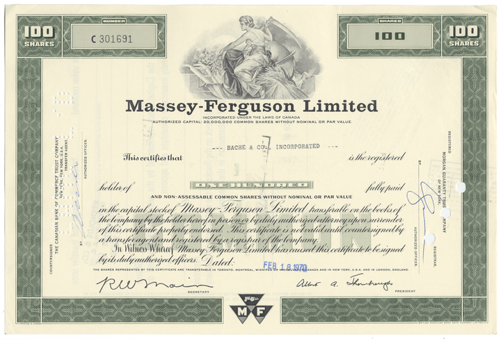 Massey-Ferguson Limited stock certificate with green border