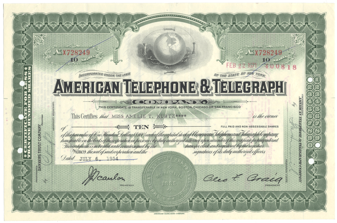 American Telephone & Telegraph Company Stock Certificate