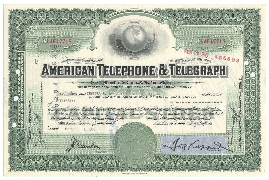 Vintage American Telephone & Telegraph stock certificate with decorative elements.