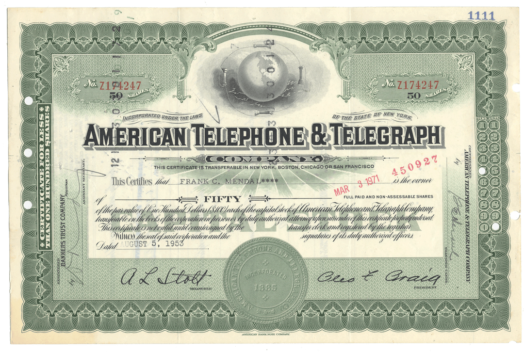 Vintage American Telephone & Telegraph stock certificate with detailed design and text.