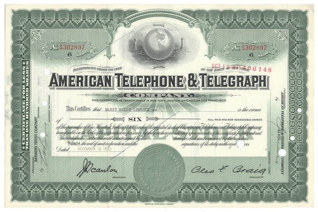 American Telephone & Telegraph Company stock certificate with decorative elements from 1955