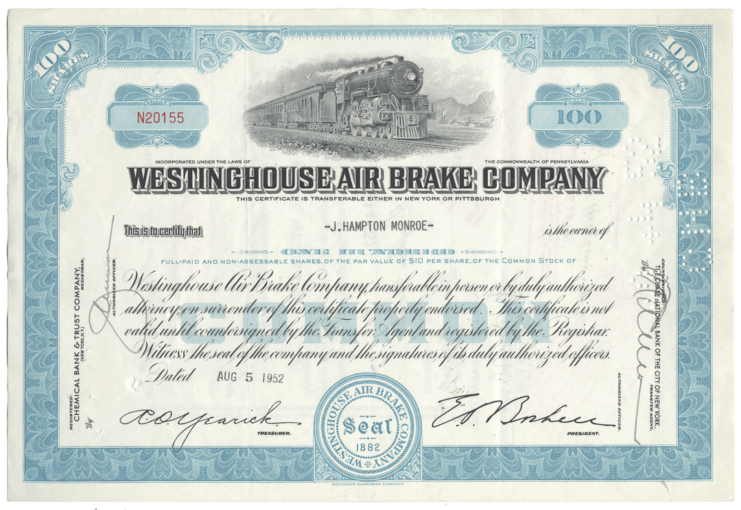 Westinghouse Air Brake Company stock certificate