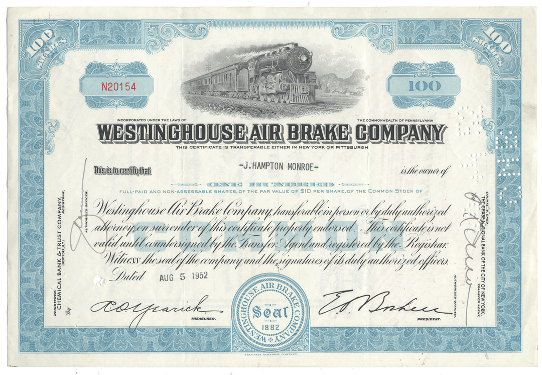 Stock certificate of the Westinghouse Air Brake Company with a train illustration on a blue and white background.