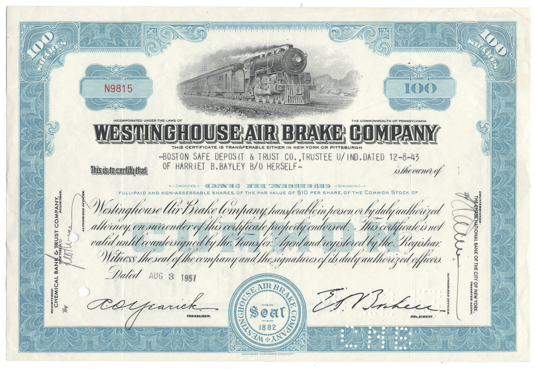 Stock certificate of the Westinghouse Air Brake Company with a train illustration on a blue and white background.