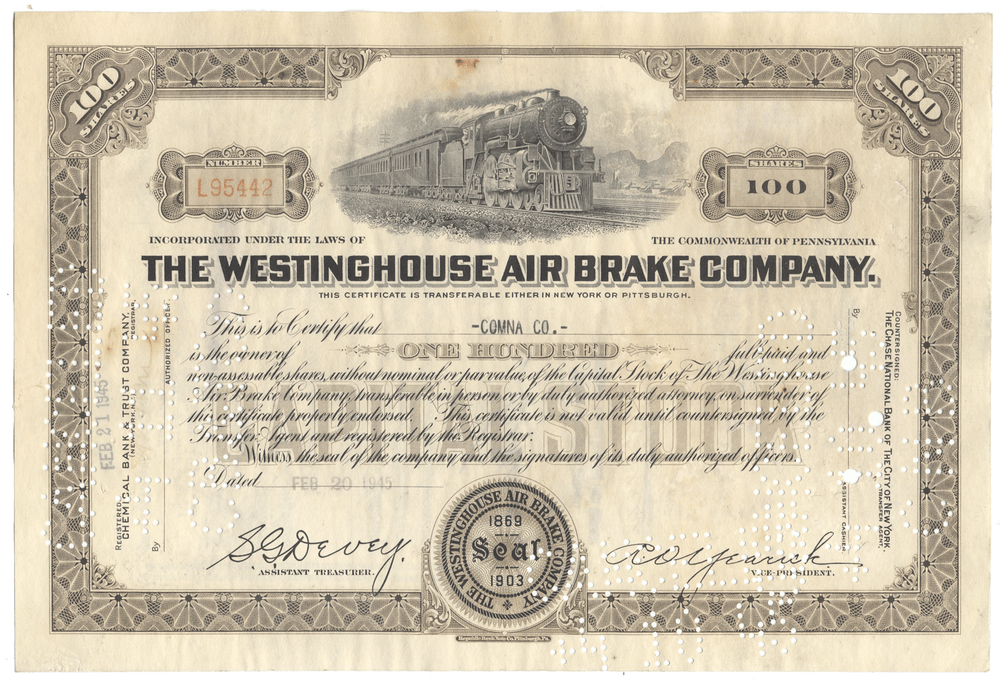 Vintage stock certificate of The Westinghouse Air Brake Company with a train illustration.
