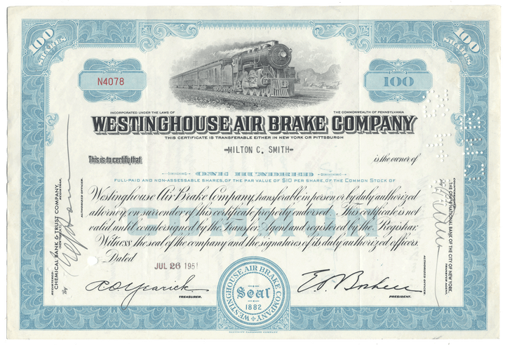 Stock certificate of the Westinghouse Air Brake Company with a train illustration on a blue background.