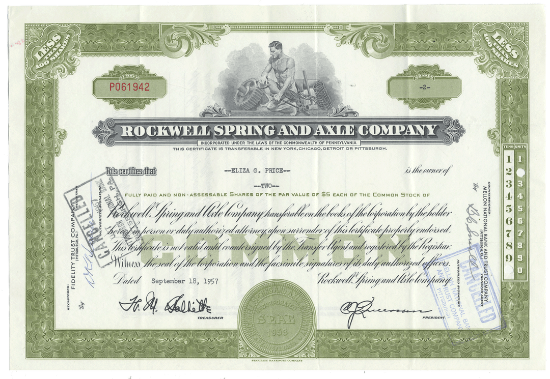 Stock certificate of Rockwell Spring and Axle Company from 1957
