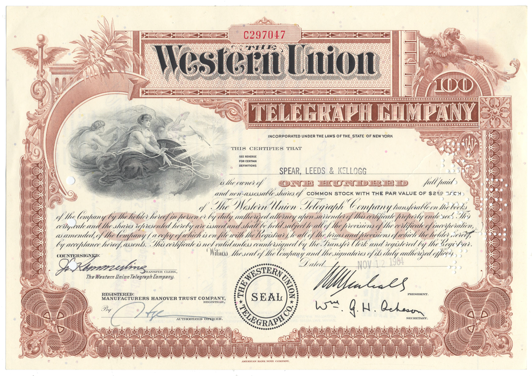 Western Union Telegraph Company Stock Certificate